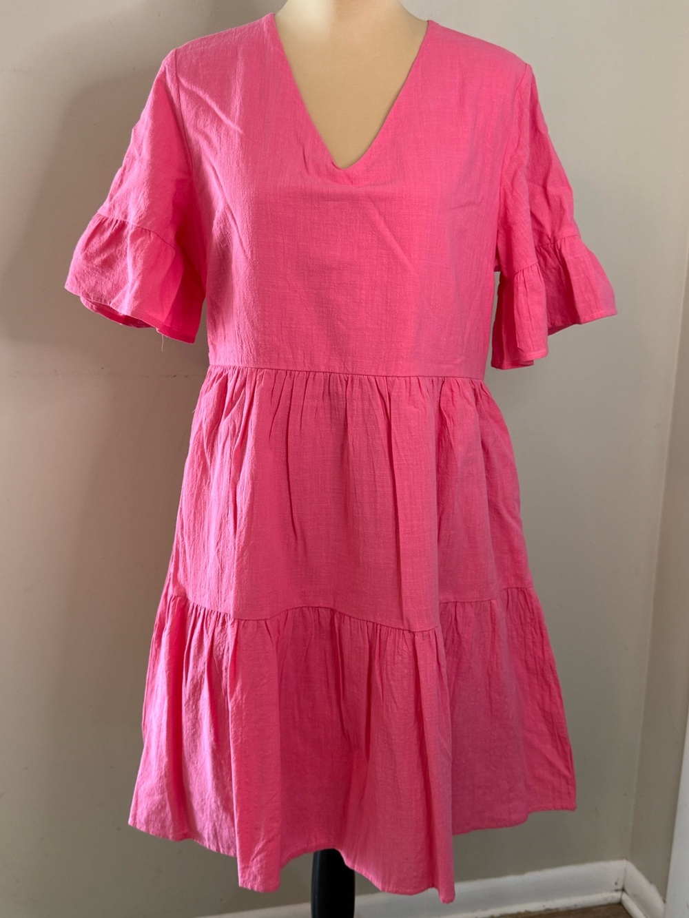 FANCYINN pink midi dress pockets pleated tiers short sleeves SZ LG